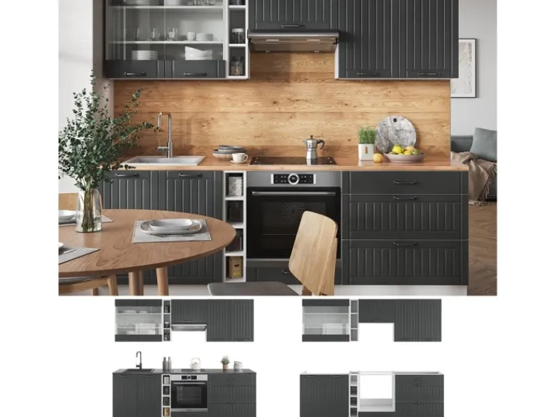 Einbauküchen<Vicco Fame-Line Küchenzeile Anthrazit Landhaus/Weiß 235 cm AP Anthrazit ohne E-Geräte