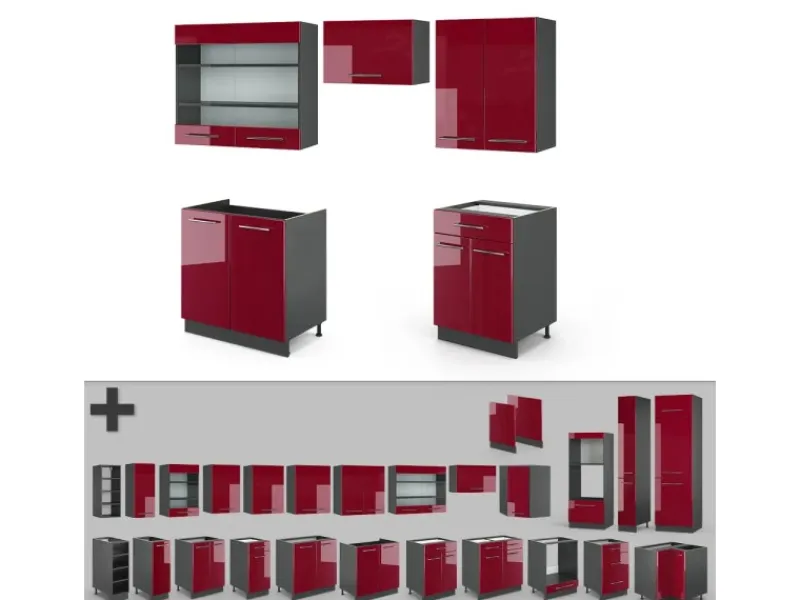 Best Vicco Fame-Line Küchenzeile Bordeaux Hochglanz/Anthrazit 200 cm ohne Arbeitsplatte ohne E-Geräte Brilliant Bordeaux