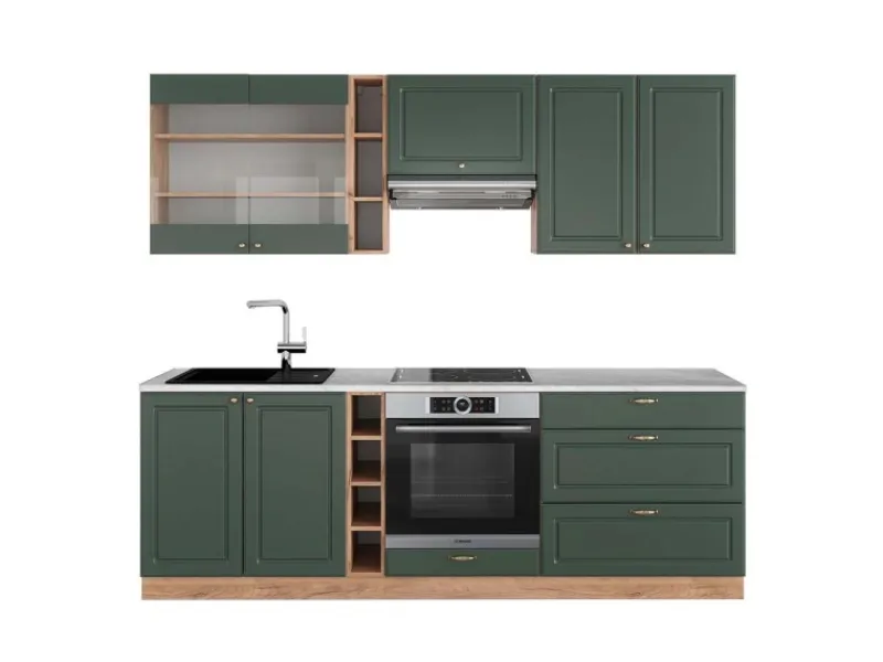 Clearance Vicco Fame-Line Küchenzeile -Gold Landhaus/Goldkraft Eiche 235 cm AP Marmor ohne E-Geräte Grün