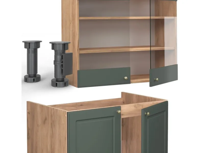 Clearance Vicco Fame-Line Küchenzeile -Gold Landhaus/Goldkraft Eiche 235 cm AP Marmor ohne E-Geräte Grün