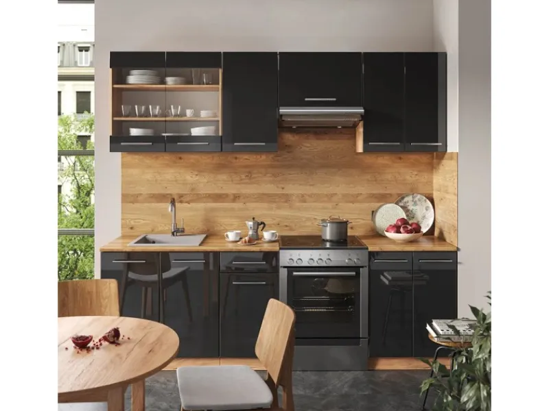 Best Vicco Fame-Line Küchenzeile /Goldkraft Eiche 240 cm AP Anthrazit ohne E-Geräte Anthrazit Hochglanz