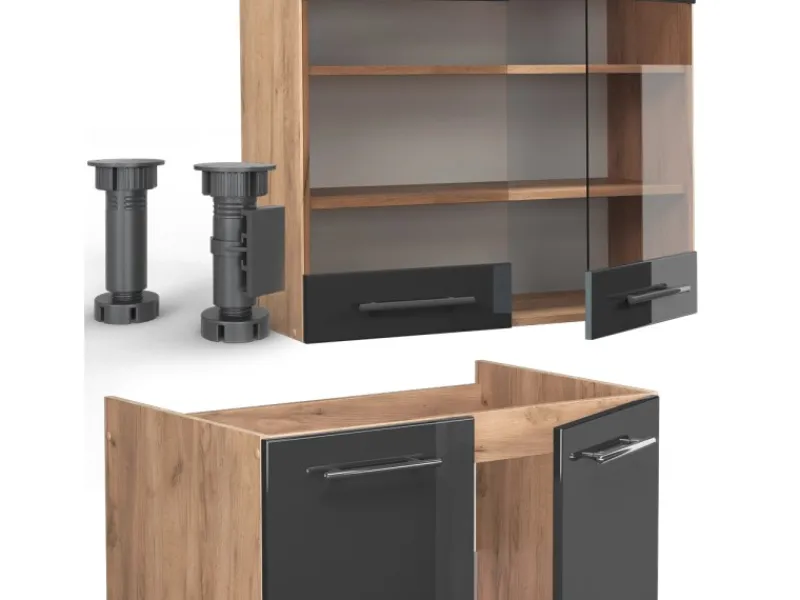 Best Vicco Fame-Line Küchenzeile /Goldkraft Eiche 240 cm AP Anthrazit ohne E-Geräte Anthrazit Hochglanz