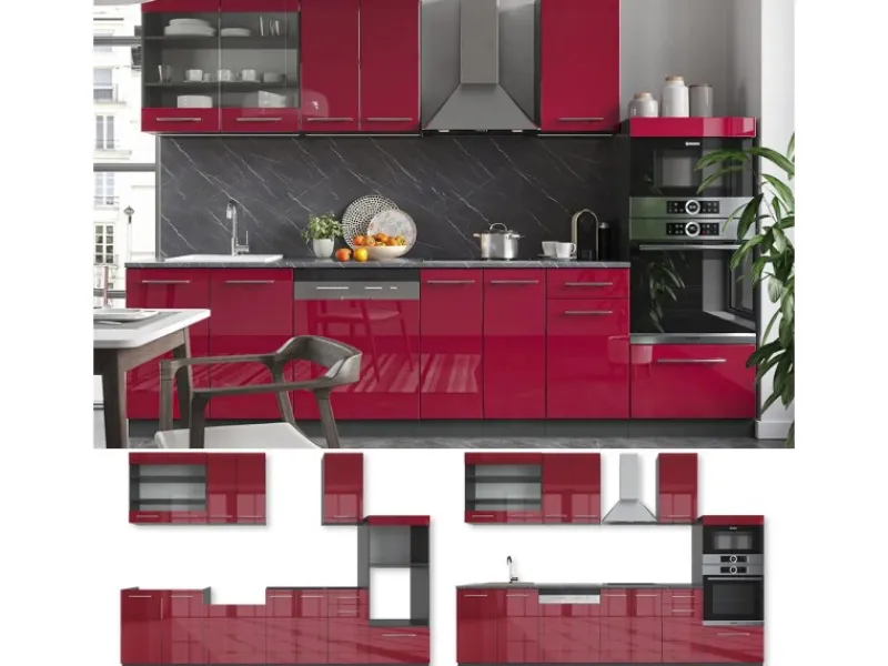 Einbauküchen<Vicco Fame-Line Küchenzeile Bordeaux Hochglanz/Anthrazit 300 cm mit HochschrankAP Anthrazit ohne E-Geräte