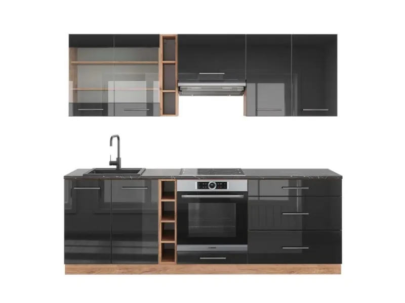 New Vicco Fame-Line Küchenzeile /Goldkraft Eiche 235 cm AP Anthrazit ohne E-Geräte Anthrazit Hochglanz