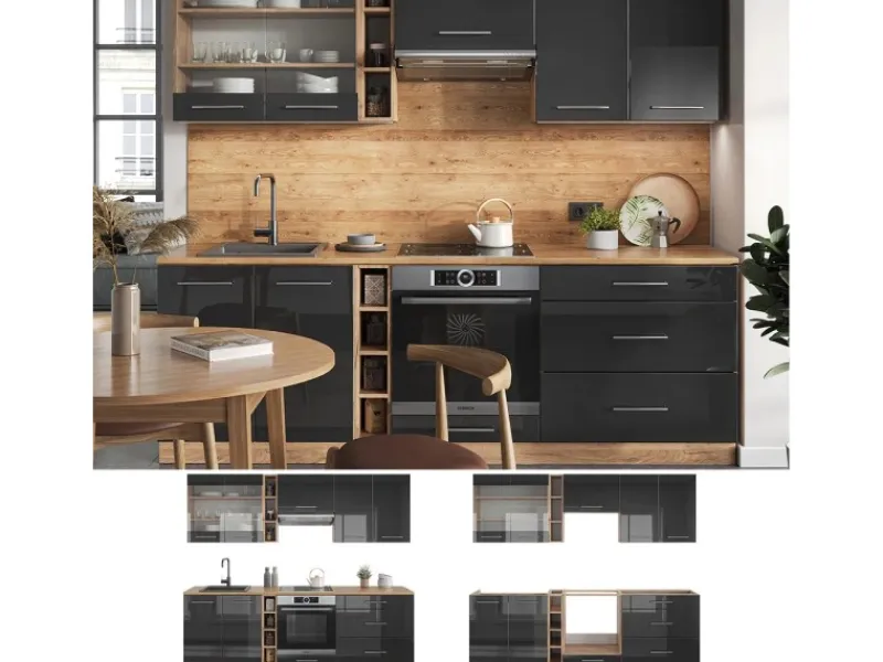 New Vicco Fame-Line Küchenzeile /Goldkraft Eiche 235 cm AP Anthrazit ohne E-Geräte Anthrazit Hochglanz