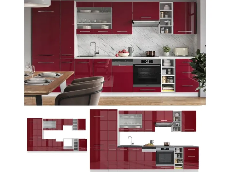 Clearance Vicco Fame-Line Küchenzeile Bordeaux Hochglanz/Weiß 355 cm AP Eiche ohne E-Geräte Brilliant Bordeaux
