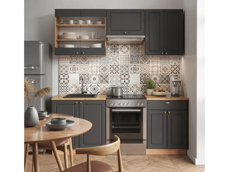 Discount Vicco Fame-Line Küchenzeile Anthrazit Landhaus/Goldkraft Eiche 200 cm AP Anthrazit ohne E-Geräte Anthrazit Struktur