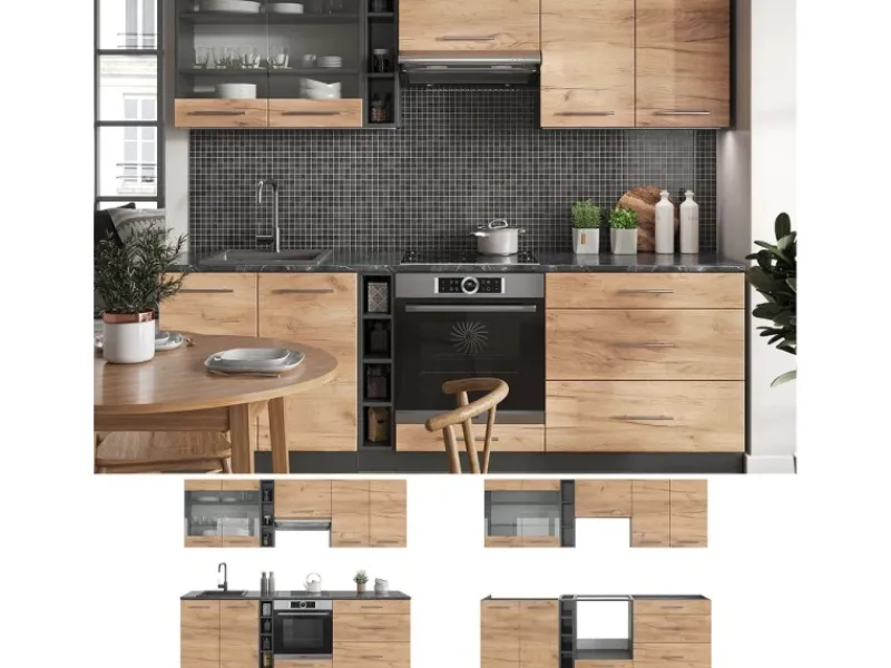 Vicco Fame-Line Küchenzeile Goldkraft Eiche/Anthrazit 235 cm AP Anthrazit ohne E-Geräte< Einbauküchen