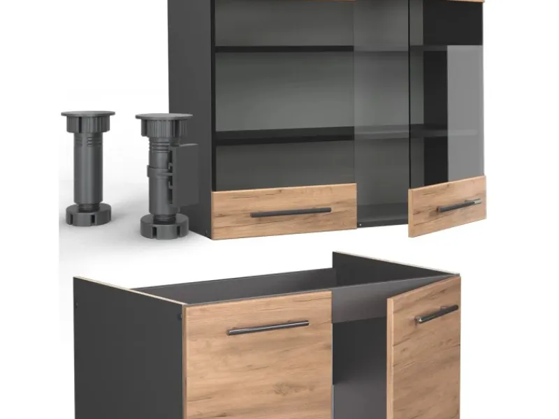Vicco Fame-Line Küchenzeile Goldkraft Eiche/Anthrazit 235 cm AP Anthrazit ohne E-Geräte< Einbauküchen