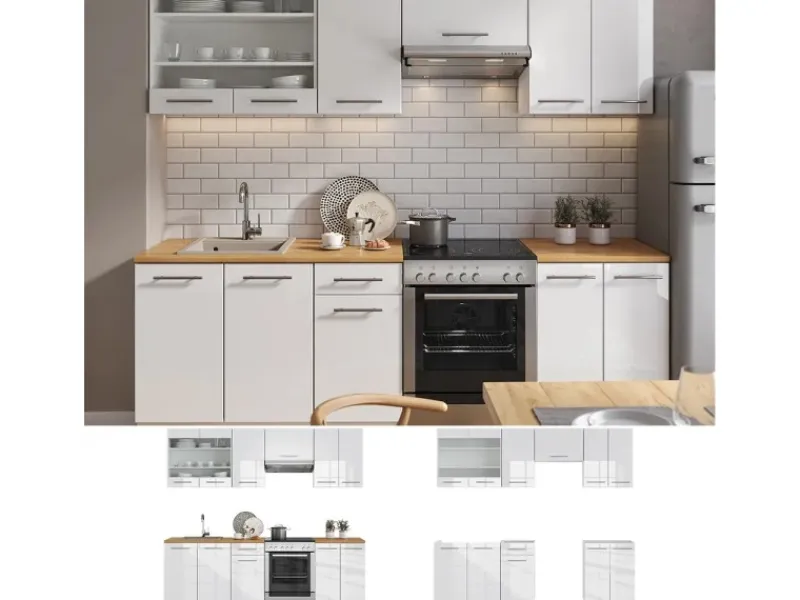 Vicco Fame-Line Küchenzeile Hochglanz/ 240 cm AP Eiche ohne E-Geräte< Herde