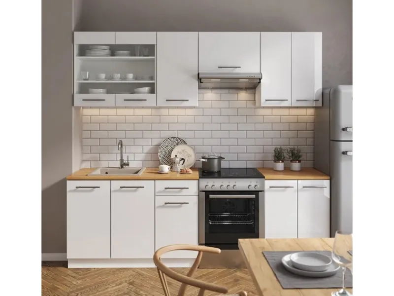 Vicco Fame-Line Küchenzeile Hochglanz/ 240 cm AP Eiche ohne E-Geräte< Herde