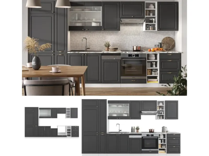 Discount Vicco Fame-Line Küchenzeile /Weiß 355 cm AP Eiche ohne E-Geräte Anthrazit-Gold