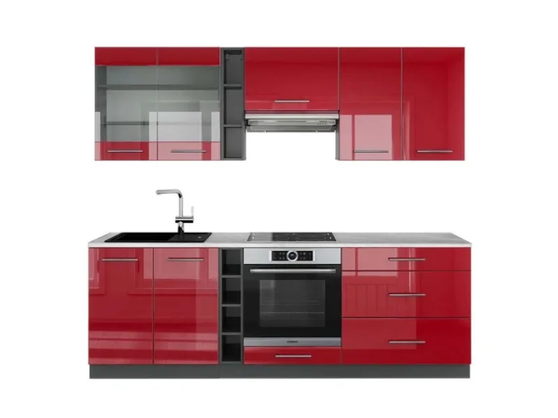 Outlet Vicco Fame-Line Küchenzeile Bordeaux Hochglanz/Anthrazit 235 cm AP Marmor ohne E-Geräte Brilliant Bordeaux