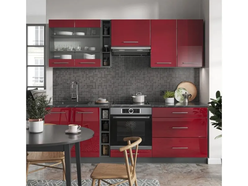 Outlet Vicco Fame-Line Küchenzeile Bordeaux Hochglanz/Anthrazit 235 cm AP Marmor ohne E-Geräte Brilliant Bordeaux