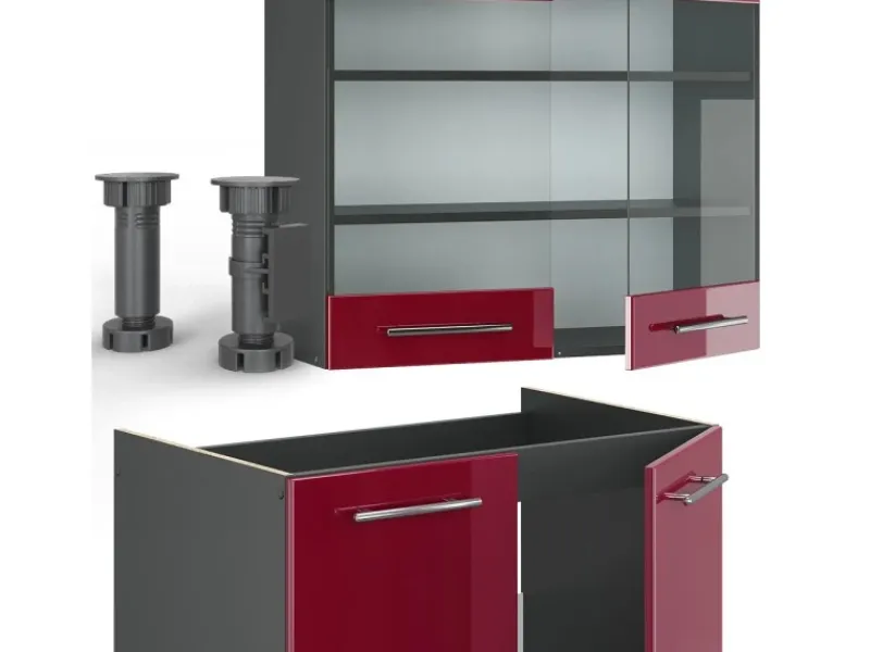 Outlet Vicco Fame-Line Küchenzeile Bordeaux Hochglanz/Anthrazit 235 cm AP Marmor ohne E-Geräte Brilliant Bordeaux