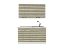 Single-Küchen<Vicco Fame-Line Singleküche Eiche Paneel/Weiß 140 cm AP Marmor ohne E-Geräte