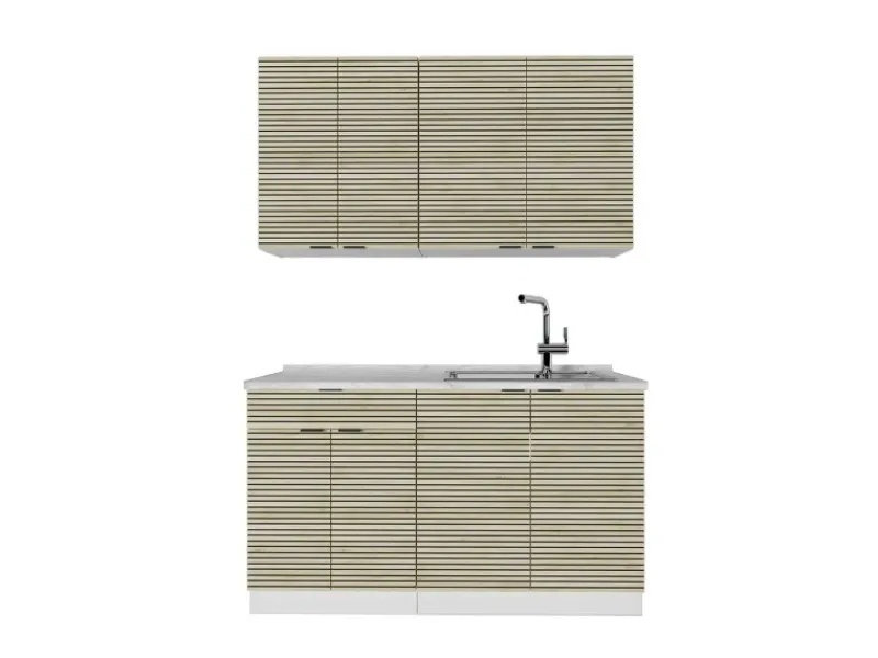 Single-Küchen<Vicco Fame-Line Singleküche Eiche Paneel/Weiß 140 cm AP Marmor ohne E-Geräte