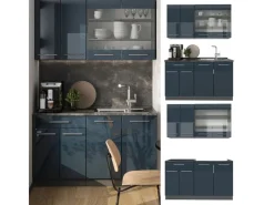 Clearance Vicco Fame-Line Singleküche Hochglanz/Anthrazit 140 cm AP Marmor ohne E-Geräte Dunkelblau