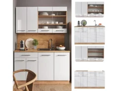 Vicco Fame-Line Singleküche Weiß Hochglanz/Goldkraft Eiche 140 cm AP Anthrazit ohne E-Geräte< Single-Küchen|Einbauküchen