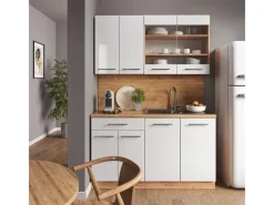 Vicco Fame-Line Singleküche Weiß Hochglanz/Goldkraft Eiche 140 cm AP Anthrazit ohne E-Geräte< Single-Küchen|Einbauküchen
