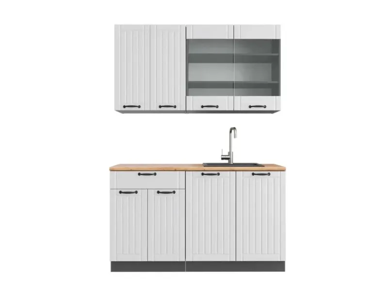 Best Vicco Fame-Line Singleküche Weiß Landhaus/Anthrazit 140 cm AP Eiche ohne E-Geräte Weiß Strukturiert