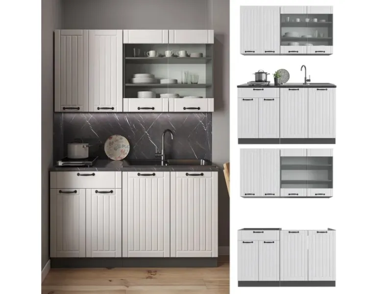 Best Vicco Fame-Line Singleküche Weiß Landhaus/Anthrazit 140 cm AP Eiche ohne E-Geräte Weiß Strukturiert