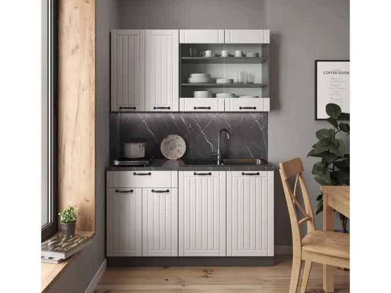 Best Vicco Fame-Line Singleküche Weiß Landhaus/Anthrazit 140 cm AP Eiche ohne E-Geräte Weiß Strukturiert