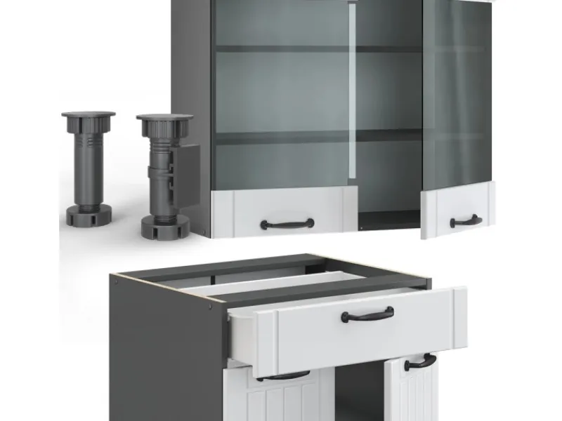 Best Vicco Fame-Line Singleküche Weiß Landhaus/Anthrazit 140 cm AP Eiche ohne E-Geräte Weiß Strukturiert