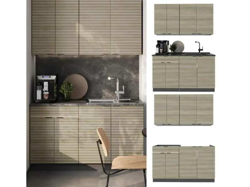 Single-Küchen<Vicco Fame-Line Singleküche Eiche Paneel/Anthrazit 140 cm AP Marmor ohne E-Geräte