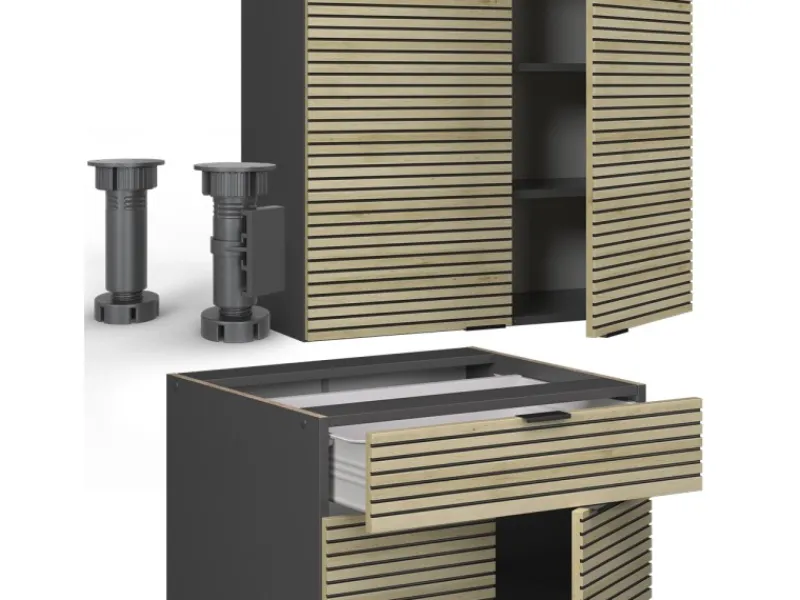 Single-Küchen<Vicco Fame-Line Singleküche Eiche Paneel/Anthrazit 140 cm AP Marmor ohne E-Geräte
