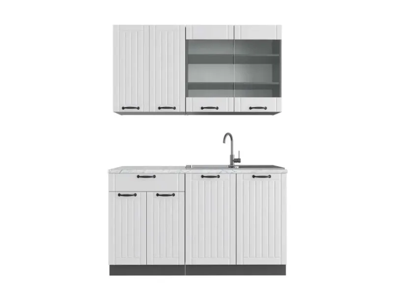 Hot Vicco Fame-Line Singleküche Weiß Landhaus/Anthrazit 140 cm AP Marmor ohne E-Geräte Weiß Strukturiert