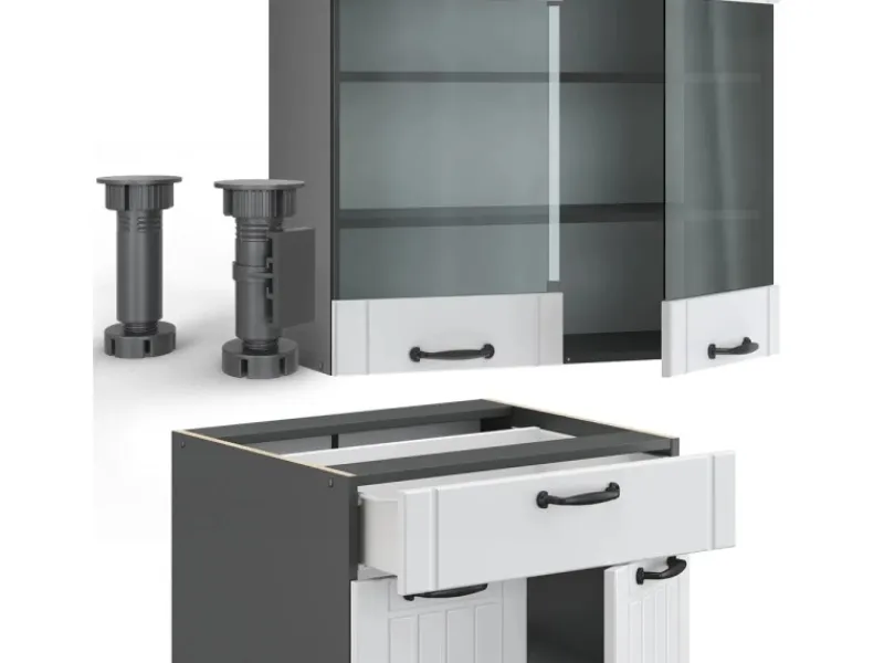 Hot Vicco Fame-Line Singleküche Weiß Landhaus/Anthrazit 140 cm AP Marmor ohne E-Geräte Weiß Strukturiert