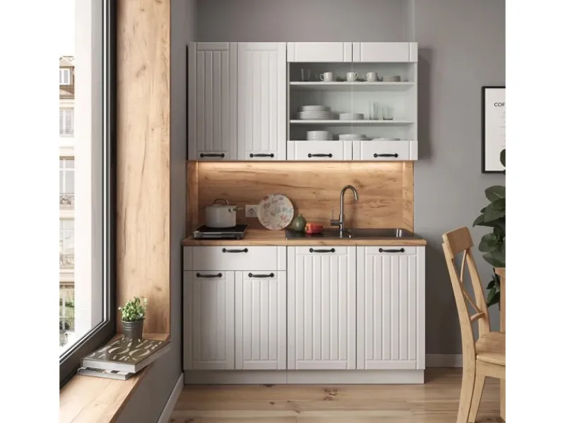 Vicco Fame-Line Singleküche Weiß Landhaus/Weiß 140 cm AP Marmor ohne E-Geräte< Single-Küchen