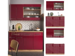 Hot Vicco Fame-Line Singleküche Bordeaux Hochglanz/Goldkraft Eiche 140 cm ohne Arbeitsplatte ohne E-Geräte Bordeaux-Glanz