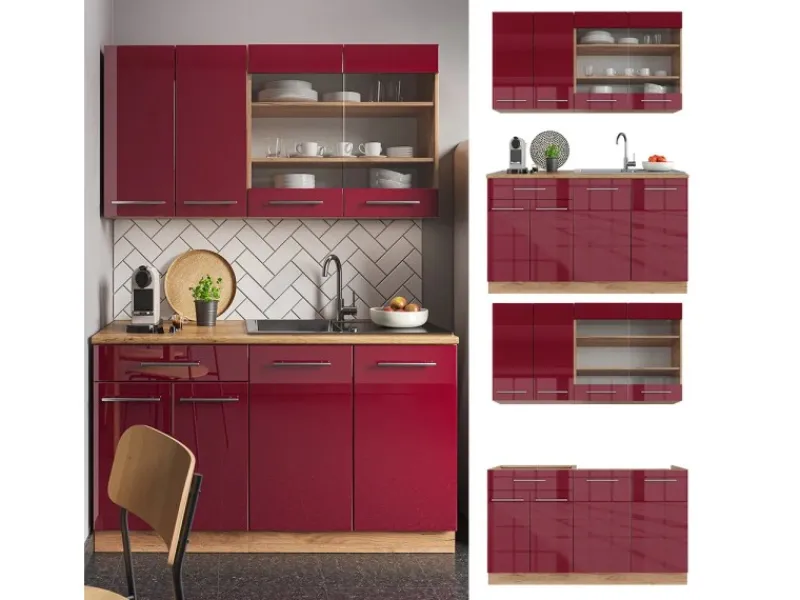 Hot Vicco Fame-Line Singleküche Bordeaux Hochglanz/Goldkraft Eiche 140 cm ohne Arbeitsplatte ohne E-Geräte Bordeaux-Glanz
