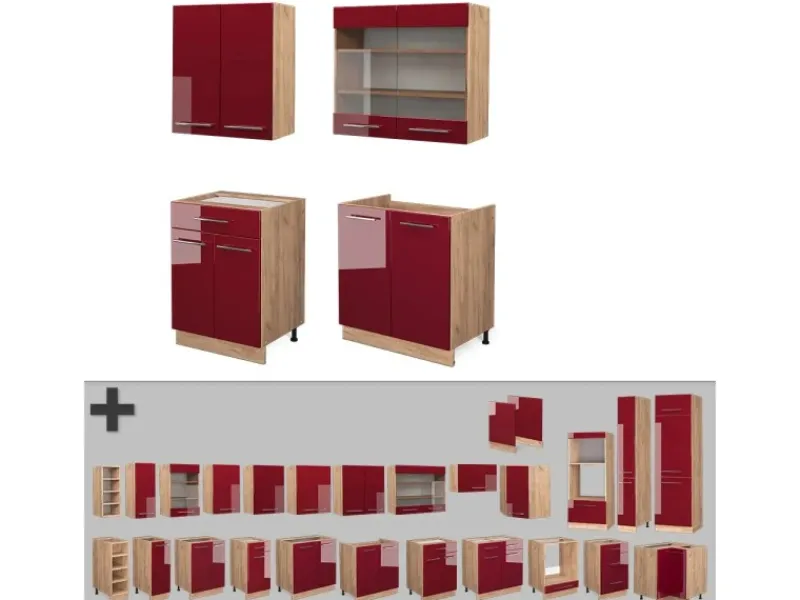 Hot Vicco Fame-Line Singleküche Bordeaux Hochglanz/Goldkraft Eiche 140 cm ohne Arbeitsplatte ohne E-Geräte Bordeaux-Glanz