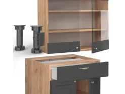Outlet Vicco Fame-Line Singleküche Anthrazit Landhaus/Goldkraft Eiche 140 cm AP Marmor ohne E-Geräte Anthrazit Struktur
