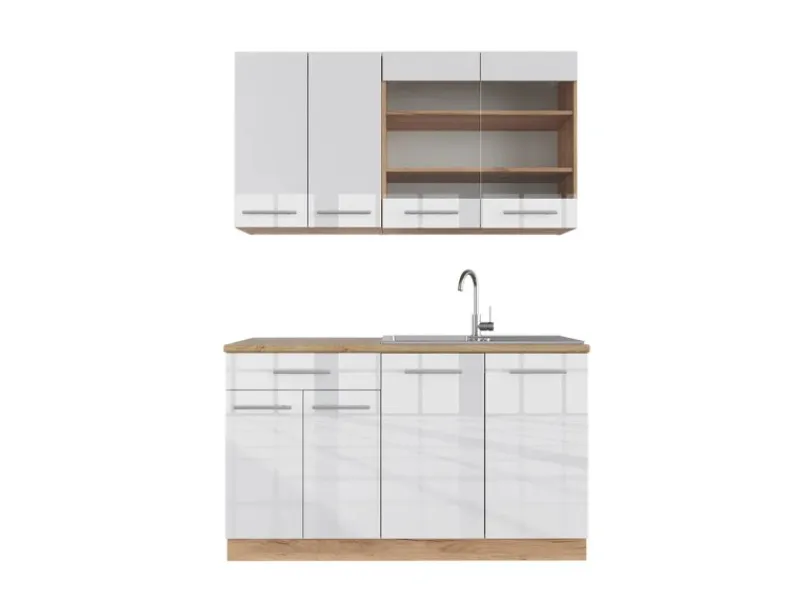 Outlet Vicco Fame-Line Singleküche Weiß Hochglanz/Goldkraft Eiche 140 cm ohne Arbeitsplatte ohne E-Geräte Hochglanz Weiß