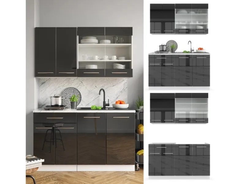 Vicco Fame-Line Singleküche /Weiß 140 cm AP Anthrazit ohne E-Geräte Anthrazit Hochglanz
