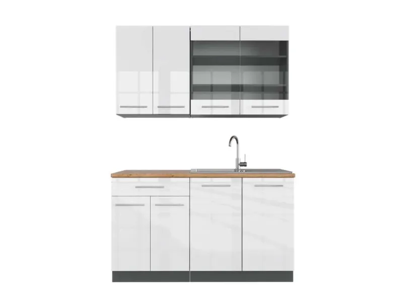 New Vicco Fame-Line Singleküche /Anthrazit 140 cm AP Eiche ohne E-Geräte Weiß Hochglanz