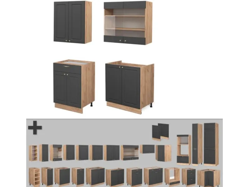 Sale Vicco Fame-Line Singleküche Anthrazit Landhaus/Goldkraft Eiche 140 cm ohne Arbeitsplatte ohne E-Geräte Anthrazit Struktur