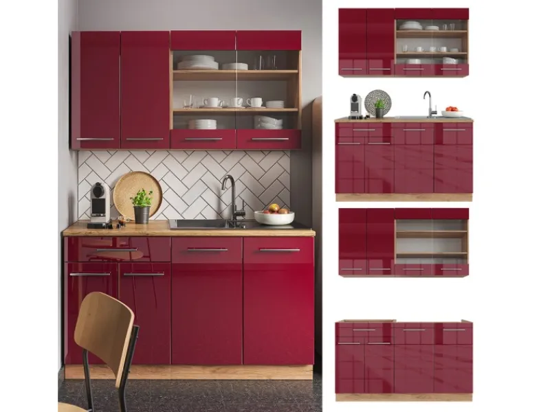 Vicco Fame-Line Singleküche Bordeaux Hochglanz/Goldkraft Eiche 140 cm AP Eiche ohne E-Geräte< Single-Küchen|Einbauküchen