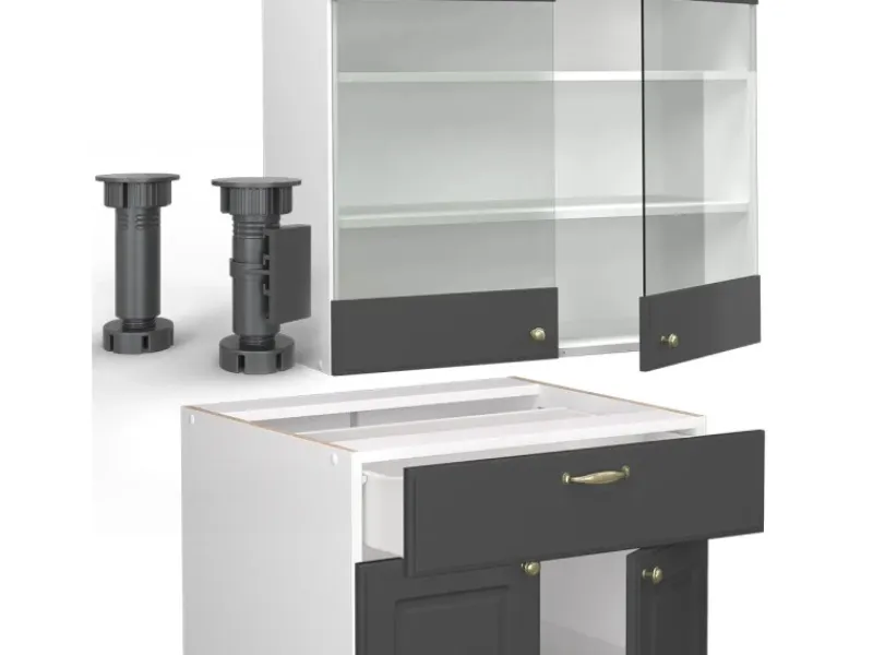 Outlet Vicco Fame-Line Singleküche /Weiß 140 cm AP Marmor ohne E-Geräte Anthrazit-Gold