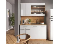 Vicco Fame-Line Singleküche Weiß Hochglanz/Goldkraft Eiche 140 cm AP Marmor ohne E-Geräte< Single-Küchen|Einbauküchen