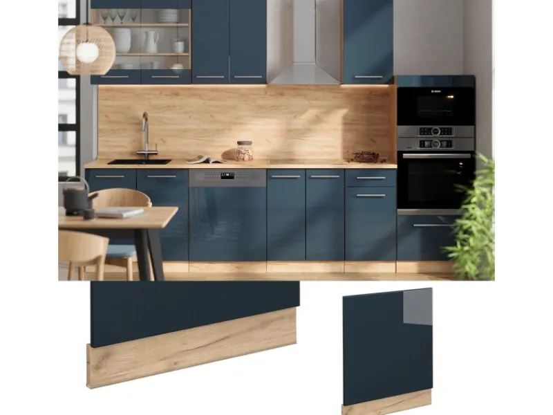 Vicco Frontblende Fame-Line Geschirrspüler Fronttür Dunkelblau Hochglanz 60 cm AP Anthrazit mit Goldkraft Eiche Korpus
