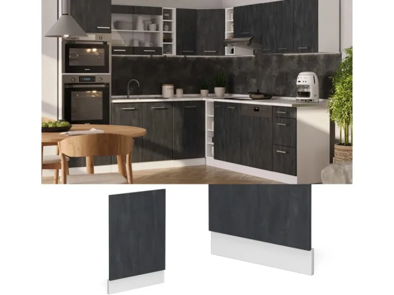 Discount Vicco Frontblende R-Line Geschirrspüler Fronttür Schwarz Beton/Weiß 45 cm AP Marmor Beton Anthrazit