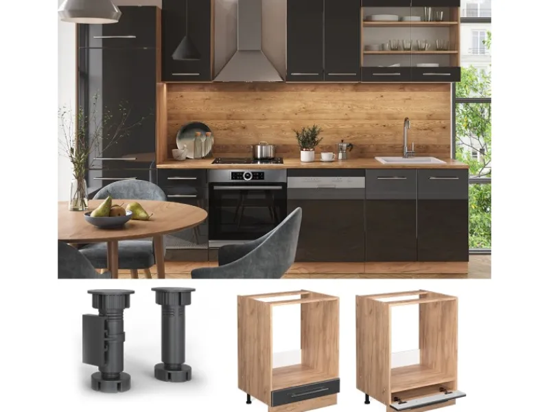 Outlet Vicco Herdumbauschrank Fame-Line Hochglanz/Goldkraft Eiche 60 cm ohne Arbeitsplatte Anthrazit
