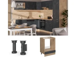 Einbauküchen<Vicco Herdumbauschrank R-Line Schwarz Beton/Goldkraft Eiche 60 cm AP Marmor