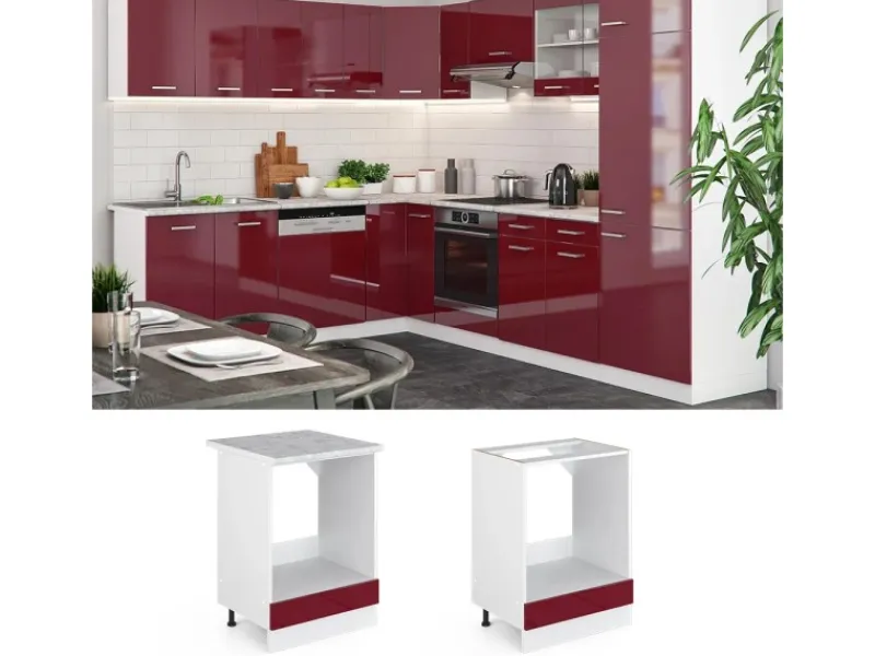 Discount Vicco Herdumbauschrank R-Line Bordeaux Hochglanz/Weiß 60 cm AP Marmor Bordeaux-Glanz