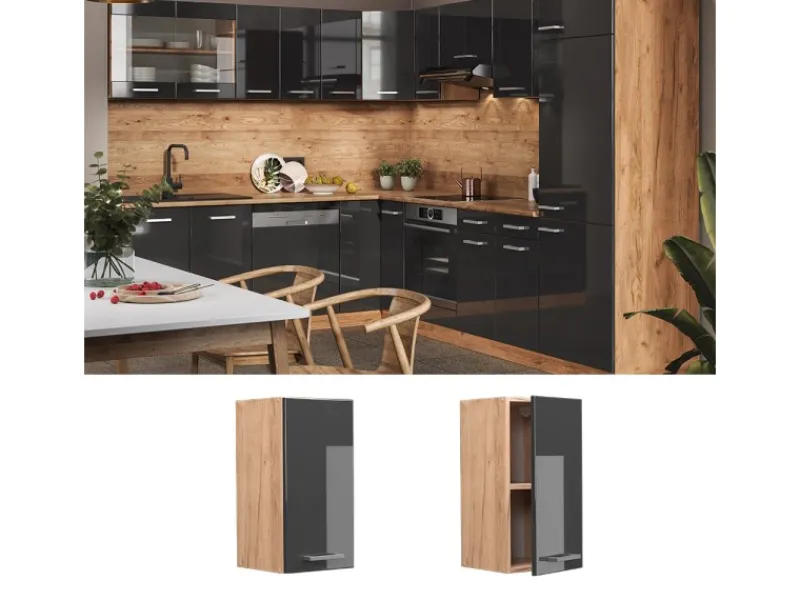 Vicco Hängeschrank R-Line Hängender Küchenschrank Hochglanz/Goldkraft Eiche 30 cm< Pfannen|Küchenschränke